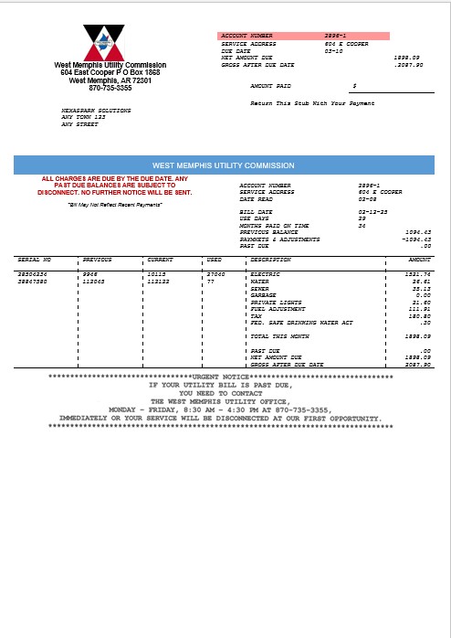 USA West Memphis business utility commission utility bill Word and PDF template PSD template